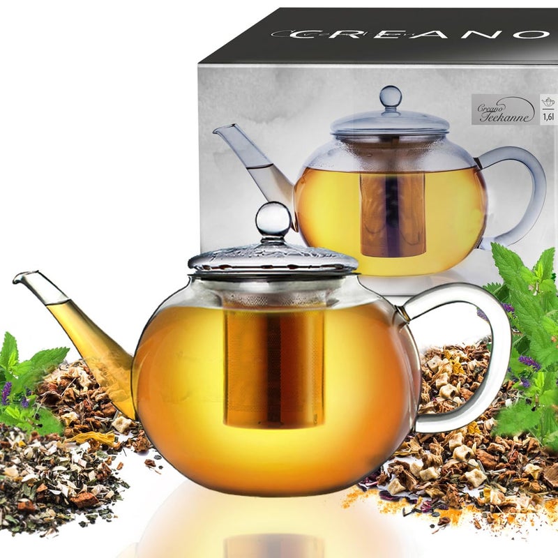 Creano glass teapot 54oz (1600ml), tea maker with integrated stainless steel infuser and glass lid, ideal for preparing loose teas, drip-free, all-in-one - Image 1